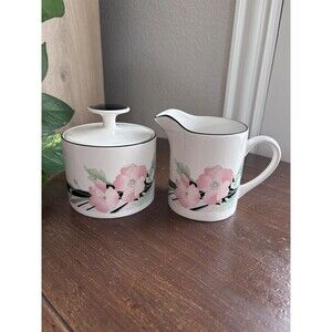 Sango Jolie Sugar Bowl w/ Lid  & Creamer Set,  Pink Floral Design 253319 Korea